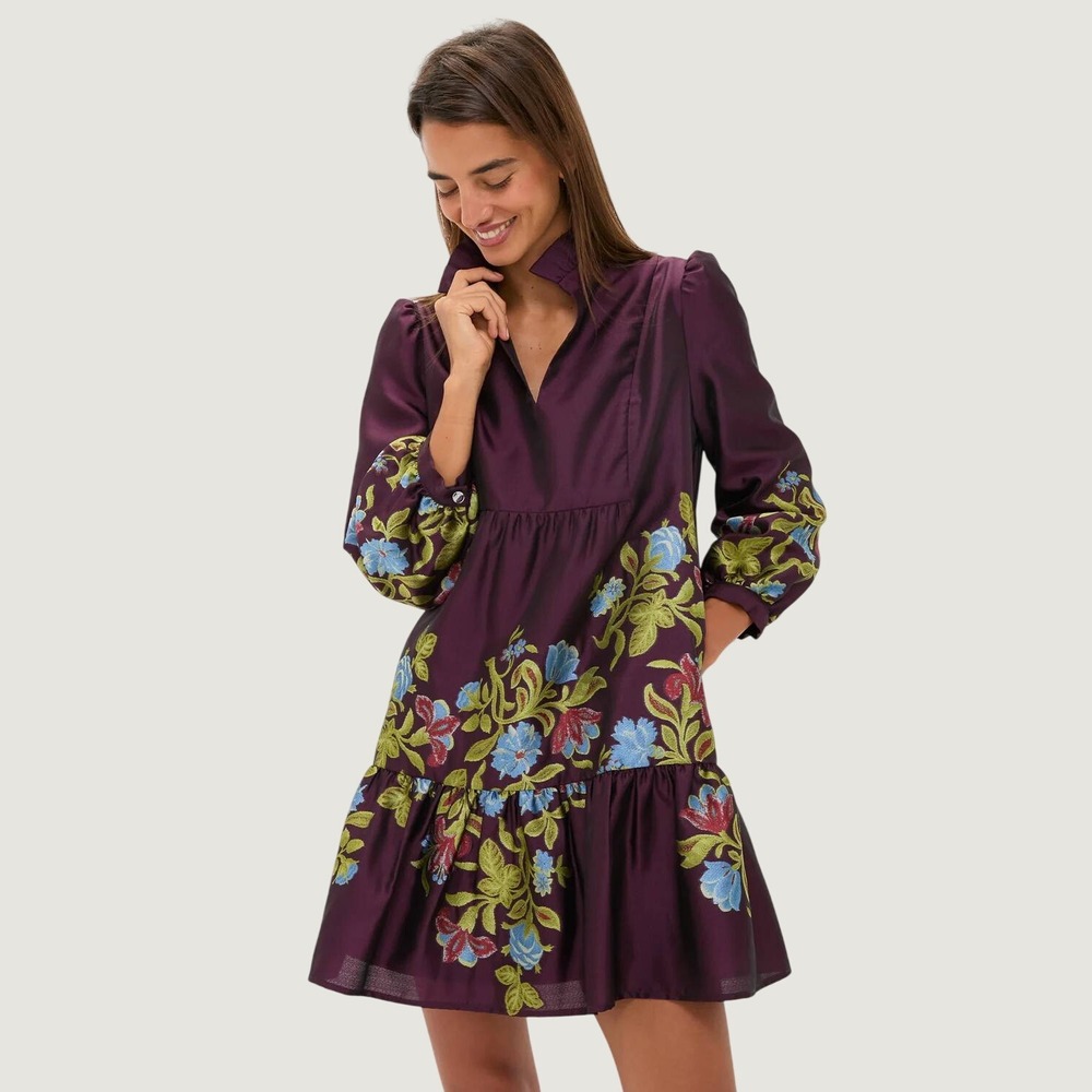 Tuckernuck Purple Satin Floral Embroidered Ruffle Neck Puff Sleeve Dress Medium